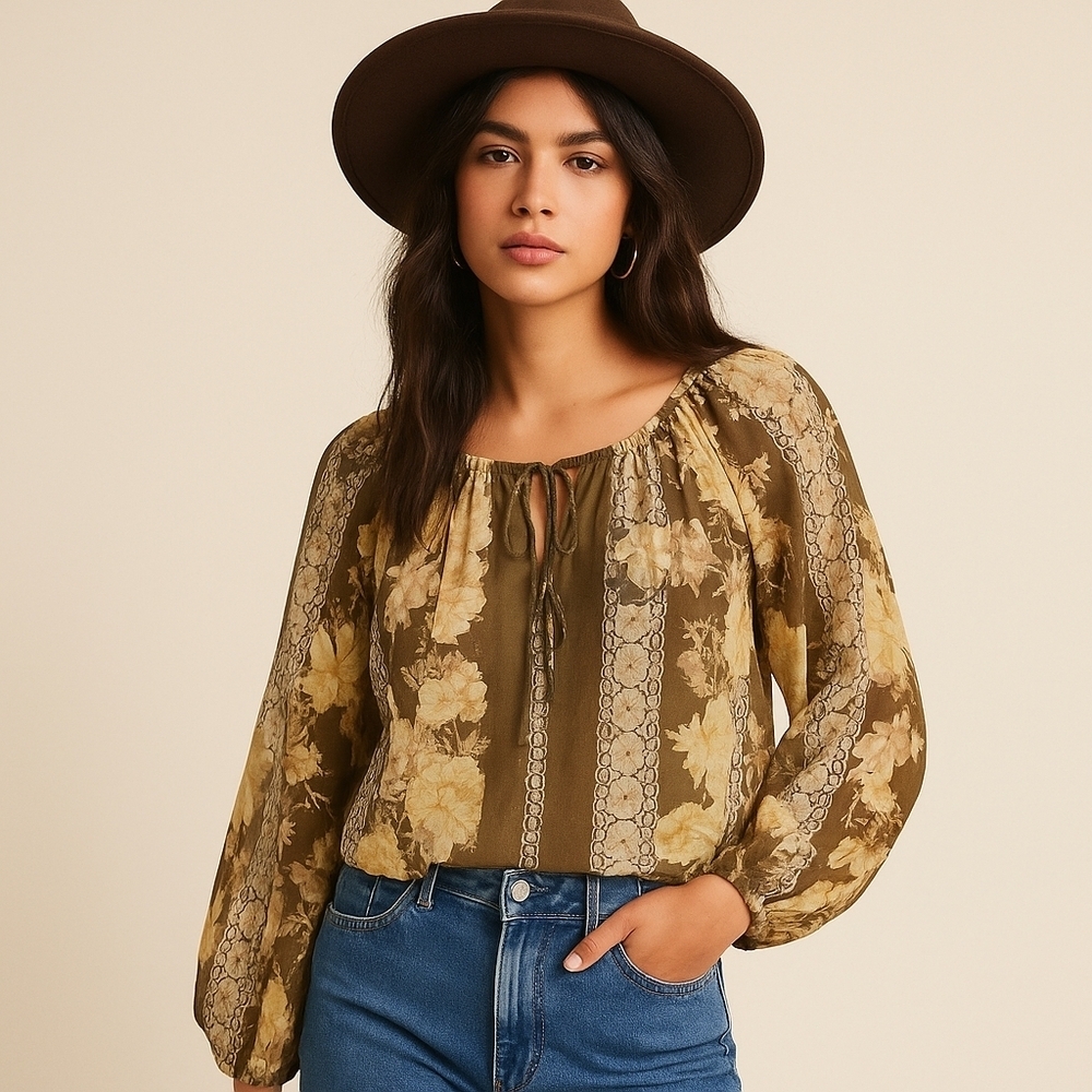 Free People Boho Floral Peasant Blouse – Size M – EUC